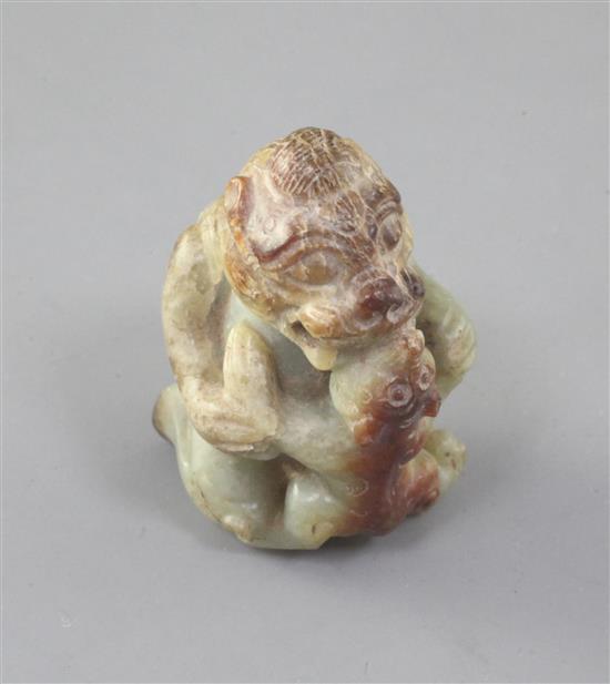 A Chinese greenish-yellow and russet jade group of a bear and cub, Han dynasty or later 4.5cm